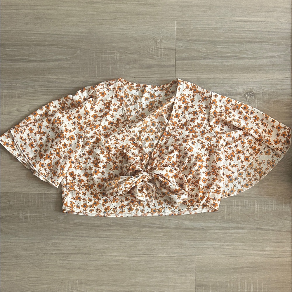 Floral Tie-Front Crop Top in Cream and Orange